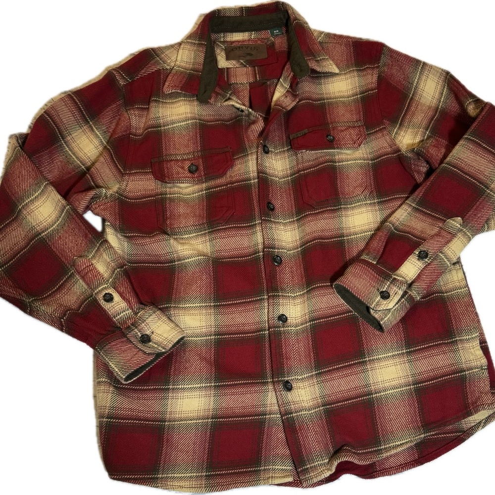 Orvis flannel mens’ sz M button down shirt/jacket red/green plaid, pockets